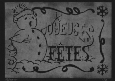 photo noir et blanc de l'estampe bonshommes de neige gravée sur lino et imprimée à la main. Chaque impression est unique et numérotée.