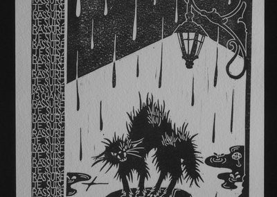 estampe représentant un chat noir hérissé, accompagné du texte "tout va bien, je suis rassuré" sur tout le bord gauche et supérieur.