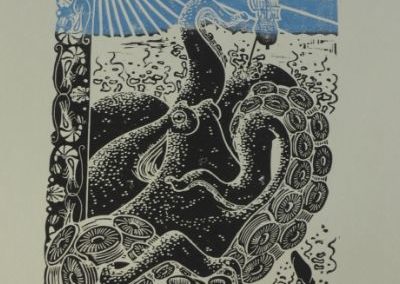 Estampe "les vacances à la mer", représentant un poulpe géant, genre craken, avec une bordure de fruits de mers.