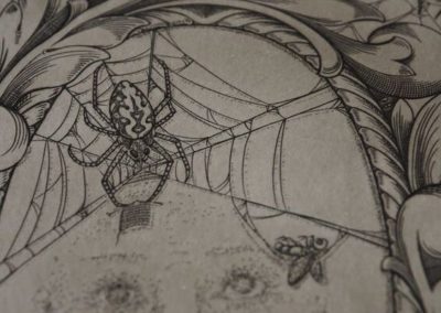 détail d'une estampe représentant une araignée qui tricote à côté d'une mouche faisant la sieste dans un hamac fait de toiles d'araignées.