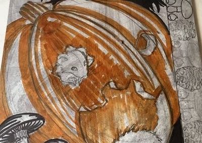 étape de fabrication d'une estampe: dessin sur la plaque de lino.